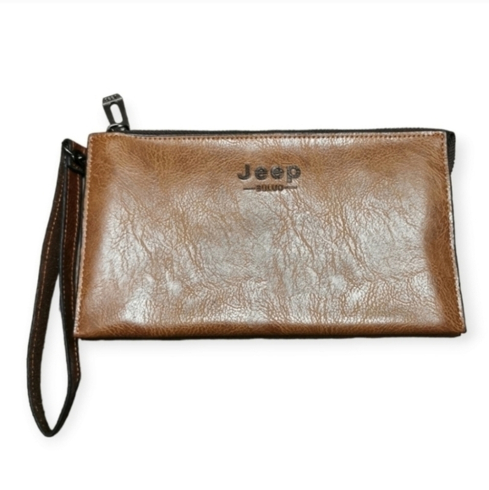 Jeep Buluo Double Zip Wristlet Clutch Faux Leather Brown